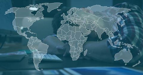 Global finance concept with sleepy businessman in office setting