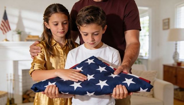 Children honoring folded american flag with father in living room remembrance ceremony