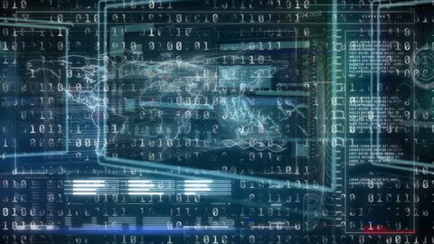 Futuristic Digital Interface with Binary Code and World Map