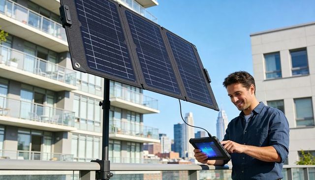 Engineer monitoring portable solar panel system on urban rooftop balcony using tablet