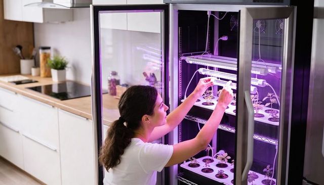 Woman tending seedlings in led-lit home grow cabinet in modern kitchen for hydroponics
