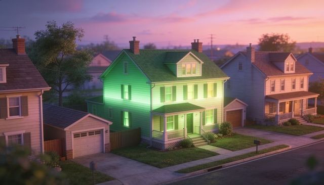 Suburban two-story house emitting neon green glow at sunset with lit porch and lawn and mailbox