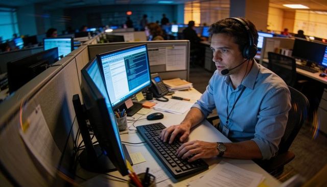 It support specialist working late at dual monitor cubicle wearing headset and typing