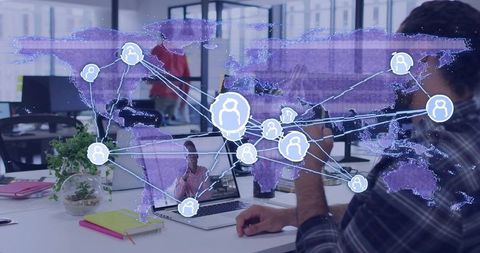 Remote Team Connecting Globally with Holographic World Map Overlay in Open Office