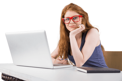 Confident Redhead Wearing Red Glasses Using Laptop with Transparent Background - Download Free Stock Videos Pikwizard.com