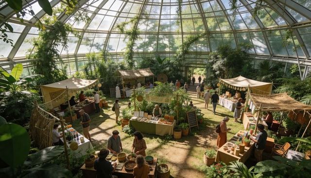 Sunlit glass dome market with artisanal stalls, tropical plants and handcrafted goods