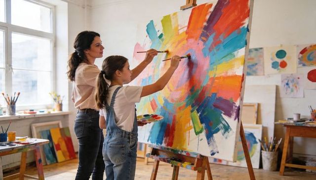 Mother guiding daughter painting colorful abstract canvas in sunlit art studio