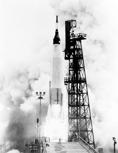 S62-02849 (24 May 1962) --- The Mercury-Atlas 7 (MA-7), carrying astronaut M. Scott Carpenter, was launched by NASA from Pad 14, Cape Canaveral, Florida, on May 24, 1962. Photo credit: NASA