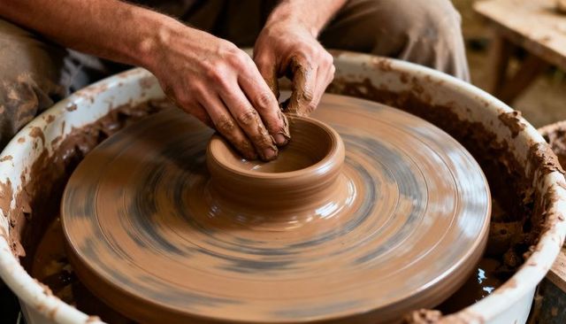 Potter hands shaping wet clay on spinning wheel, close-up of ceramic throwing process