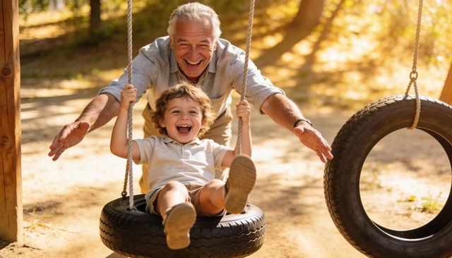 Grandfather pushing laughing child on tire swing in sunlit park, joyful family moment