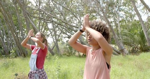 Diverse Young Women Practice Outdoor Yoga in Tranquil Nature