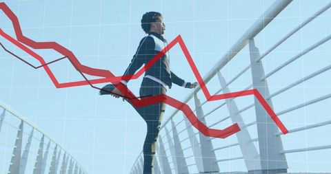 Athlete Stretching on Bridge with Financial Line Graph Overlay