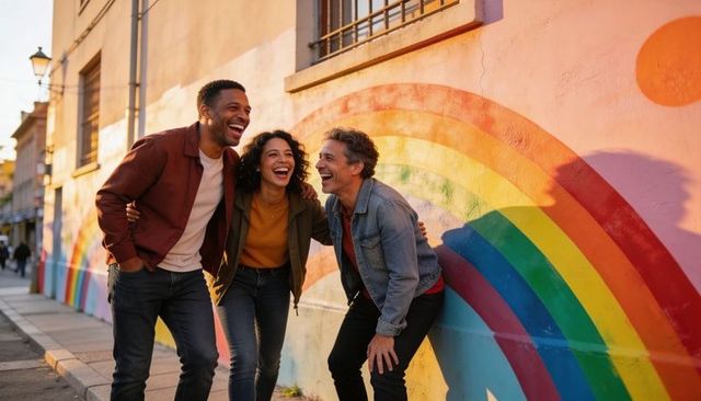 Urban friends laughing together leaning against vibrant rainbow mural at golden hour