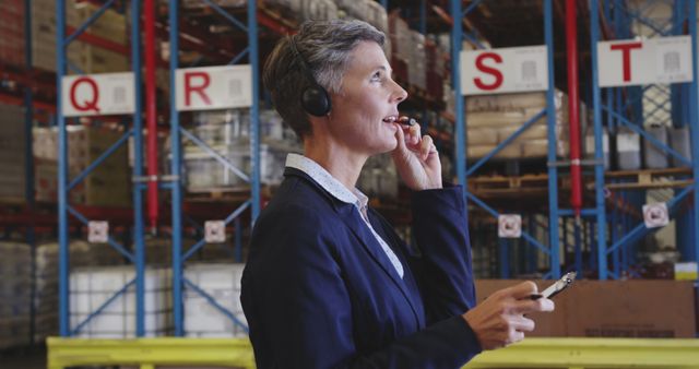 Warehouse Manager Using Headset and Digital Tablet for Inventory Management - Download Free Stock Images Pikwizard.com