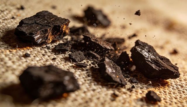Charcoal chunks crumbling on burlap with golden side light and fine dust
