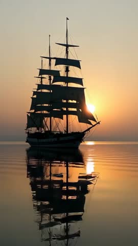 Tall-masted ship sailing at sunrise with sun peeking through sails and mirror reflection