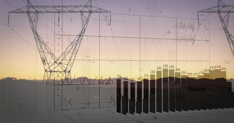 Power transmission tower at dusk with data visualization overlay and energy analytics