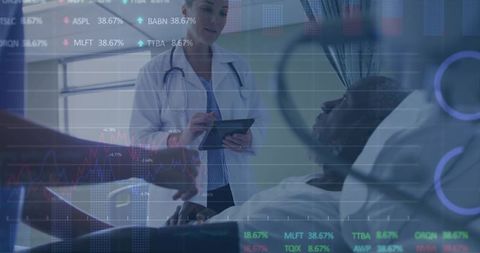 Doctor Analyzing Patient Data in Hospital with Financial Overlay