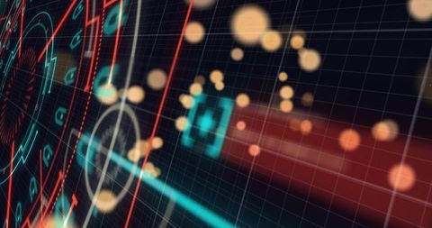 Futuristic HUD Interface Shifting Across Grid with Neon Teal and Red Reticles