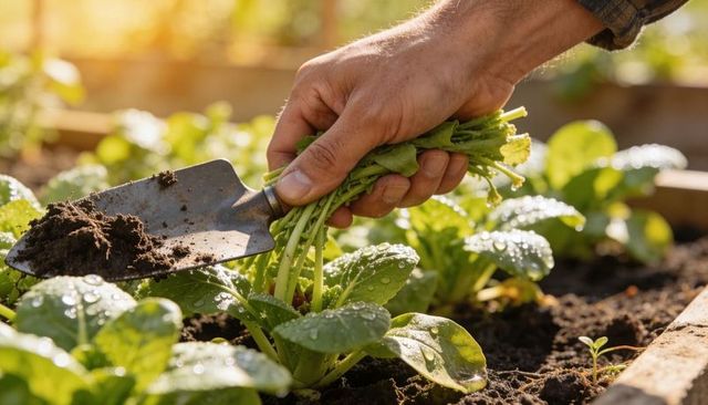 Close-up Gardener Harvesting Leafy Greens with Trowel in Sunlit Raised Bed Morning Dew