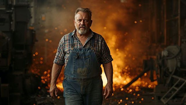 Veteran foundry worker walking through molten metal sparks in gritty industrial steelworks