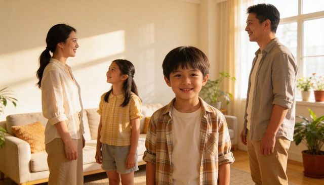 Smiling boy standing in sunlit cozy living room with family sharing warm moment