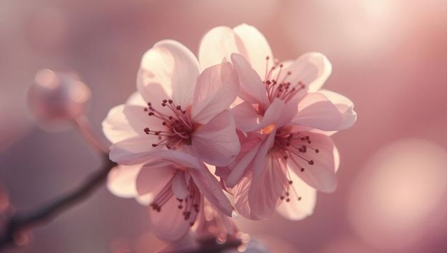 Blooming pink cherry blossoms glowing in pastel golden-hour light with soft bokeh