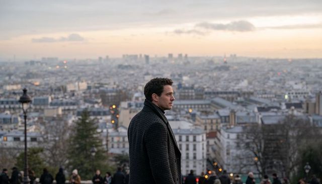 Man gazing over city skyline at dusk from elevated terrace, wearing dark wool coat, scarf