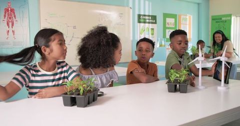 Elementary students exploring renewable energy and plant science with wind turbines
