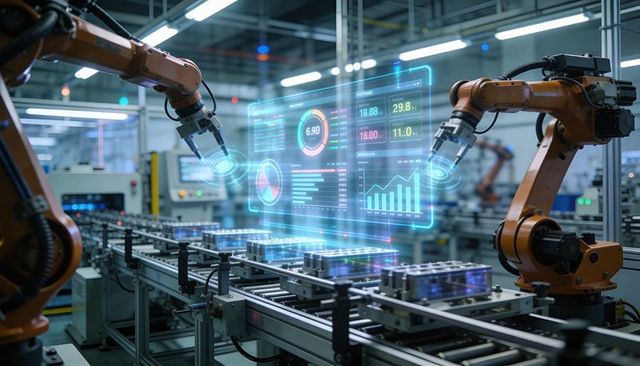Smart Manufacturing Robotic Arms Operating Conveyor with Holographic Analytics Dashboard