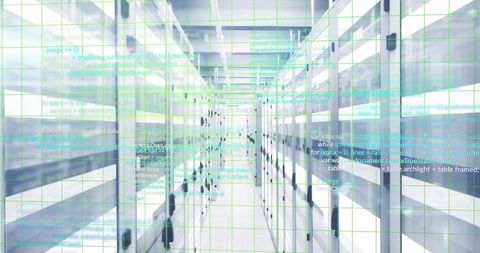 Futuristic data center with led lighting and digitized code