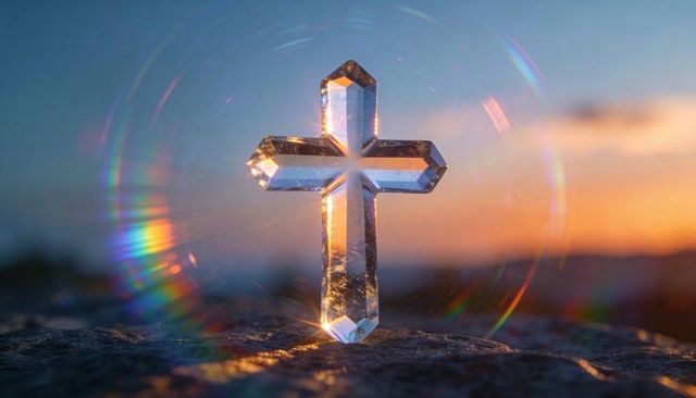 Faceted crystal cross catching sunset light with prism rings and rainbow glow