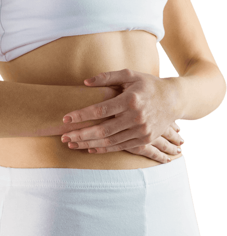 Transparent slim woman touching belly in minimalist style