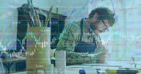 Artisan sketching with stock market overlay symbolizing creativity and innovation