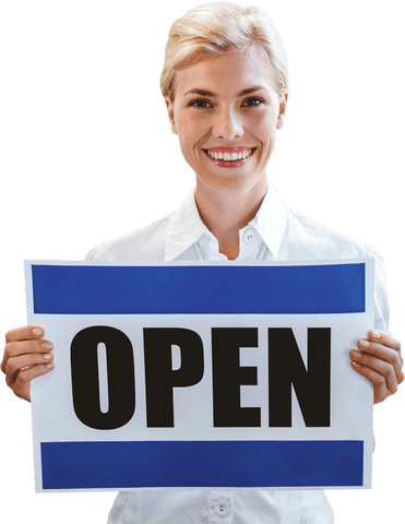 transparent smiling woman holding open business sign - Download Free Stock Videos Pikwizard.com