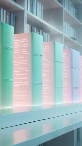 Panning pastel books glowing with neon on minimalist library shelf — vertical video