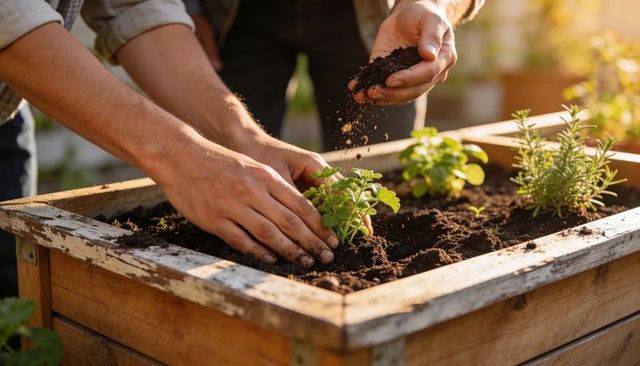 Two hands planting herbs in rustic wooden raised bed planter box, mint and rosemary