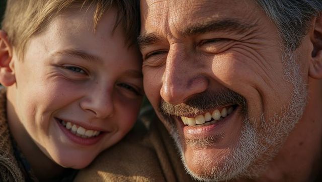 Smiling father and son sharing warm golden-hour closeup, joyful bond and warmth