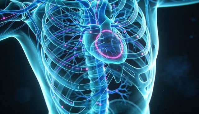 Translucent Torso Highlighting Neon Heart, Ribcage, Thoracic Vasculature and Glowing Nodes