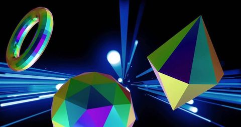 Iridescent low-poly geometric solids floating through futuristic neon light trails