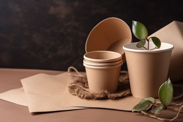 Image displays eco-friendly biodegradable cups with a plant, emphasizing sustainability and environmental consciousness. Cups are presented on brown paper with a jute rope, ideal for topics related to eco-consciousness, waste reduction, and green products. Suitable for use in websites, promotional materials, articles, and blogs focusing on sustainability and eco-friendly products.