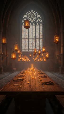 Vertical video panning through candlelit Gothic banquet hall with swinging lanterns