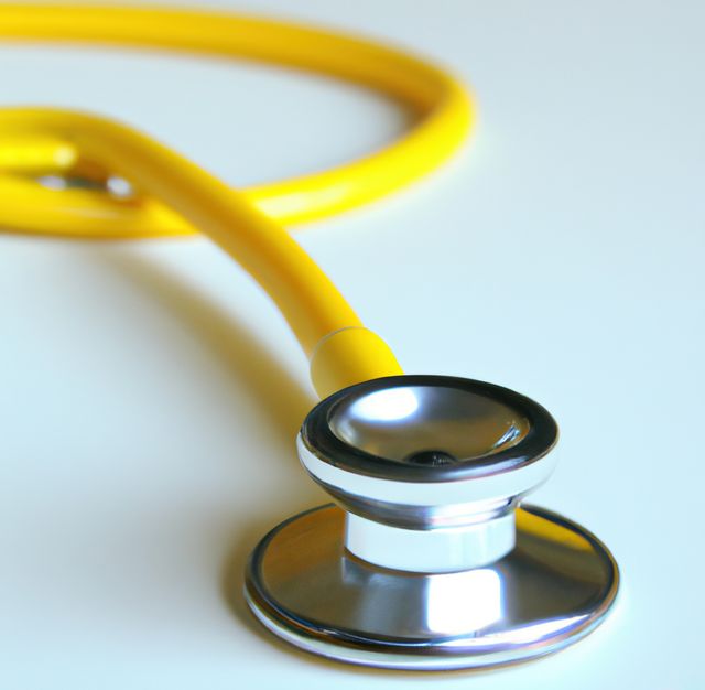 Image of close up with detail of yellow stethoscope on light blue background. Medicine, doctors and healthcare services concept.
