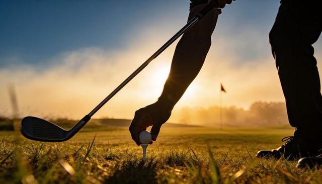 Placing golf ball on tee at golden hour silhouette on misty fairway with club