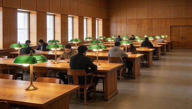 Students studying at classic wood library tables with green desk lamps, focused learning