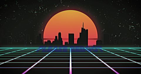 Retro Futuristic Cityscape with Digital Sunset