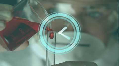 Female Scientist Conducting Experiment with Time Concept Overlay