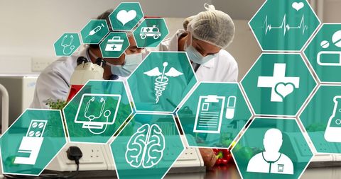 Diverse lab scientists analyzing scientific icons overlay