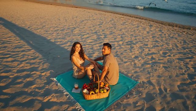 Couple Enjoying Sunset Picnic on Beach with Teal Blanket and Fruit Basket