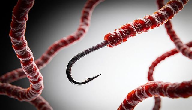 Close-up baited fishing hook with realistic red worm lure, dramatic studio lighting